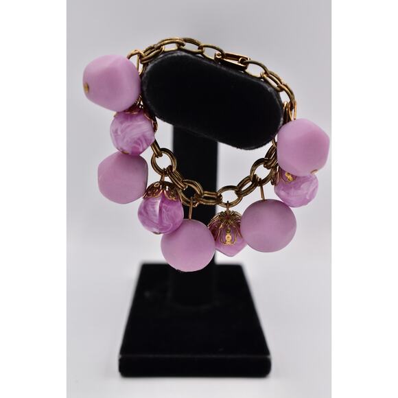 Vintage Chunky Charm Bracelet Lavender Lucite Gold Tone Chain Chunky 1940s BinO - Picture 1 of 12